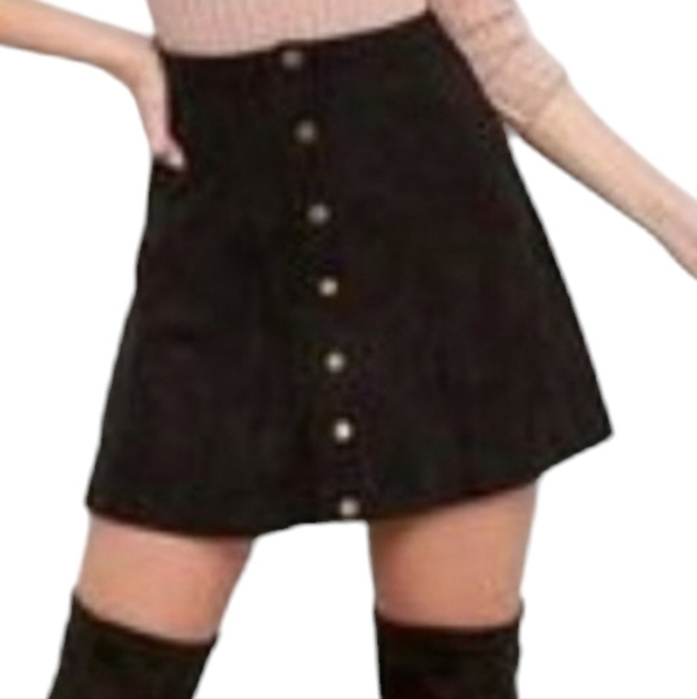 Melville | Women's Classic Black Velvet Button Front Mini Skirt (Size Small)